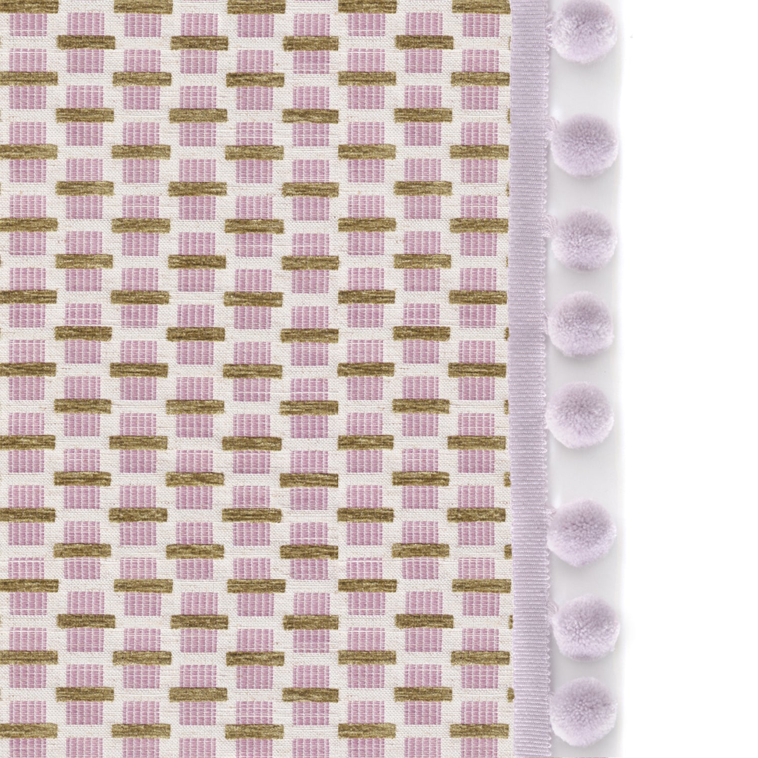 woven pink chenille jacquard fabric curtain with lilac pom poms