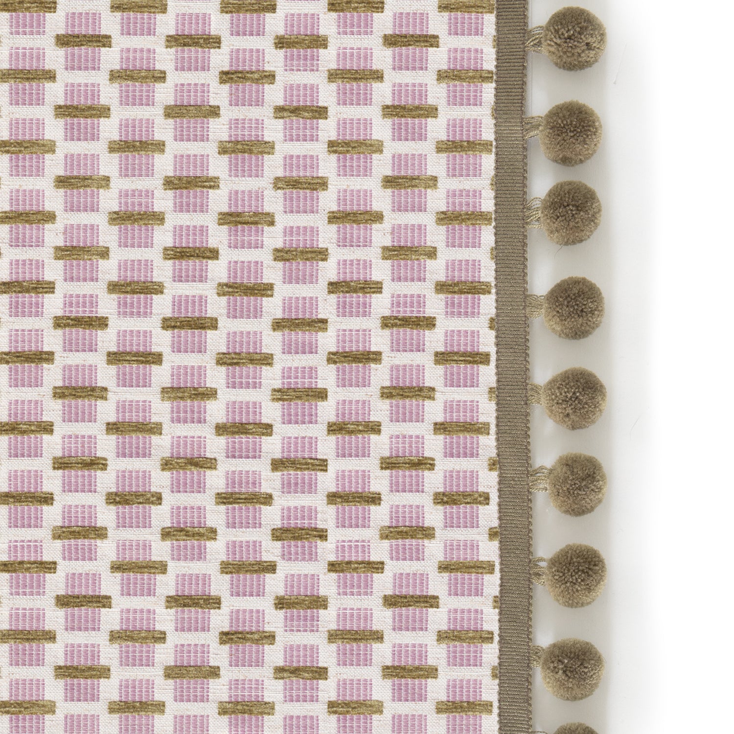 woven pink chenille jacquard fabric curtain with olive green pom poms