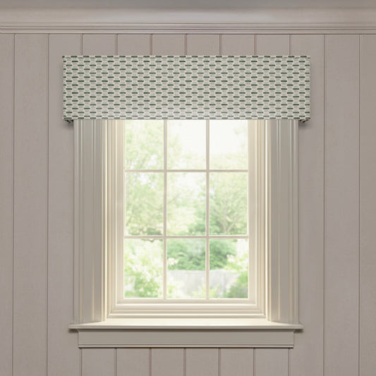Willow Mint custom cornice with textured mint green jacquard pattern, designed for made-to-order window accents