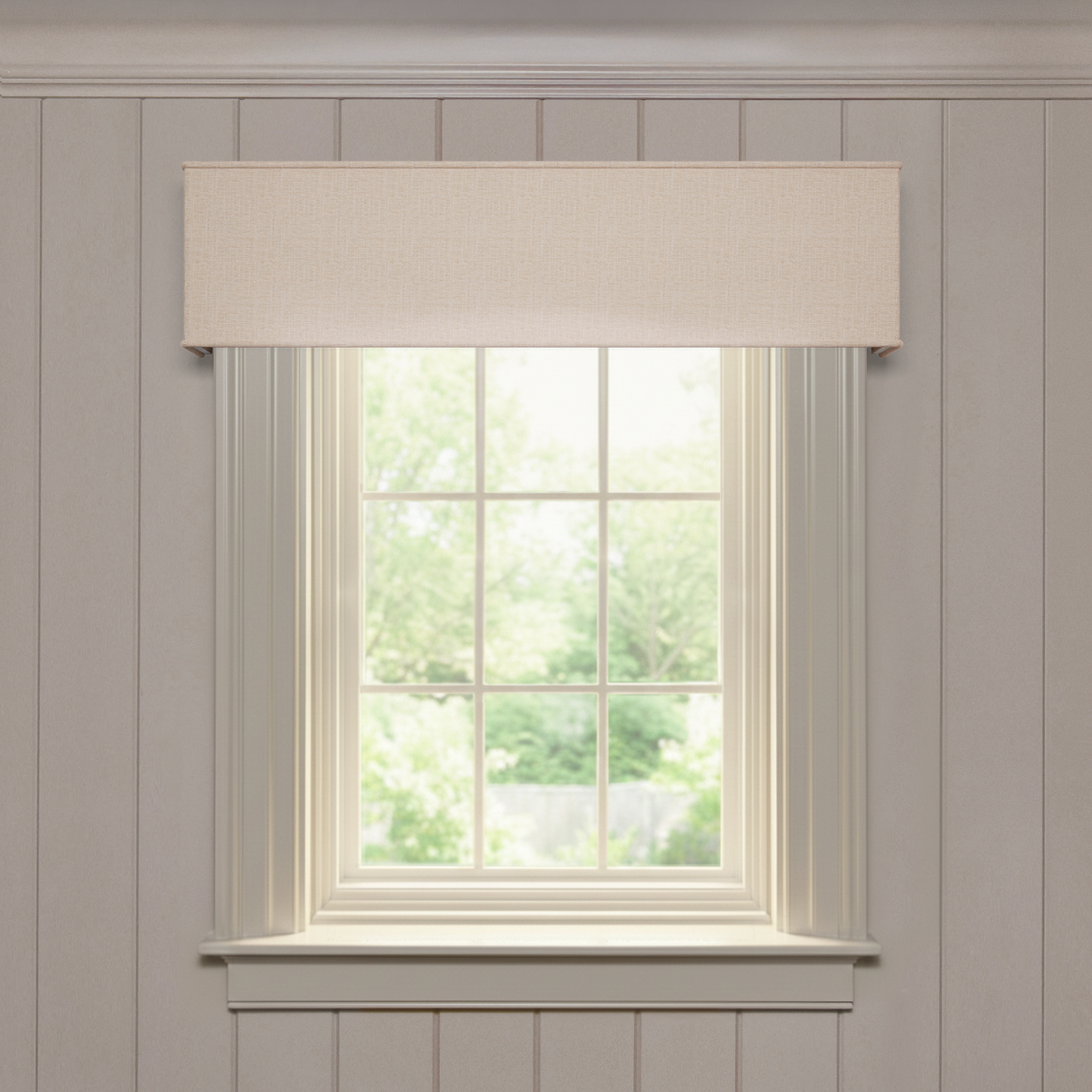 Camel cornice in durable performance woven fabric, custom made-to-order with short lead times, crafted in the USA quality design