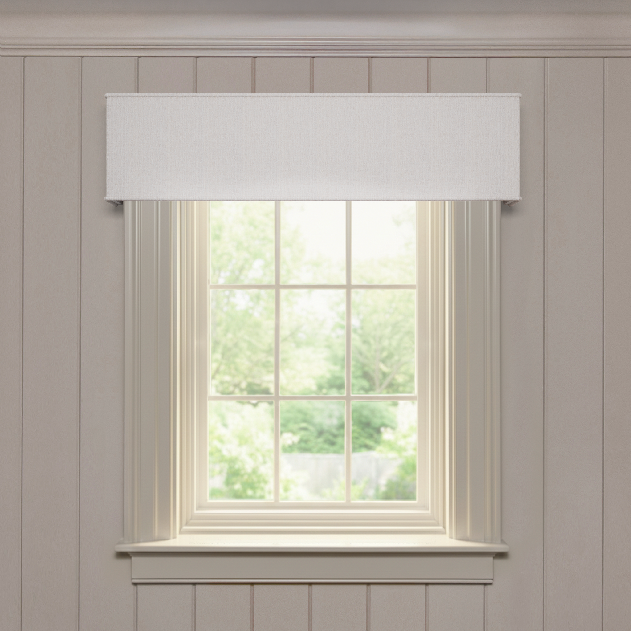 Sand cornice in soft performance woven fabric, custom made-to-order with short lead times, crafted in the USA quality design