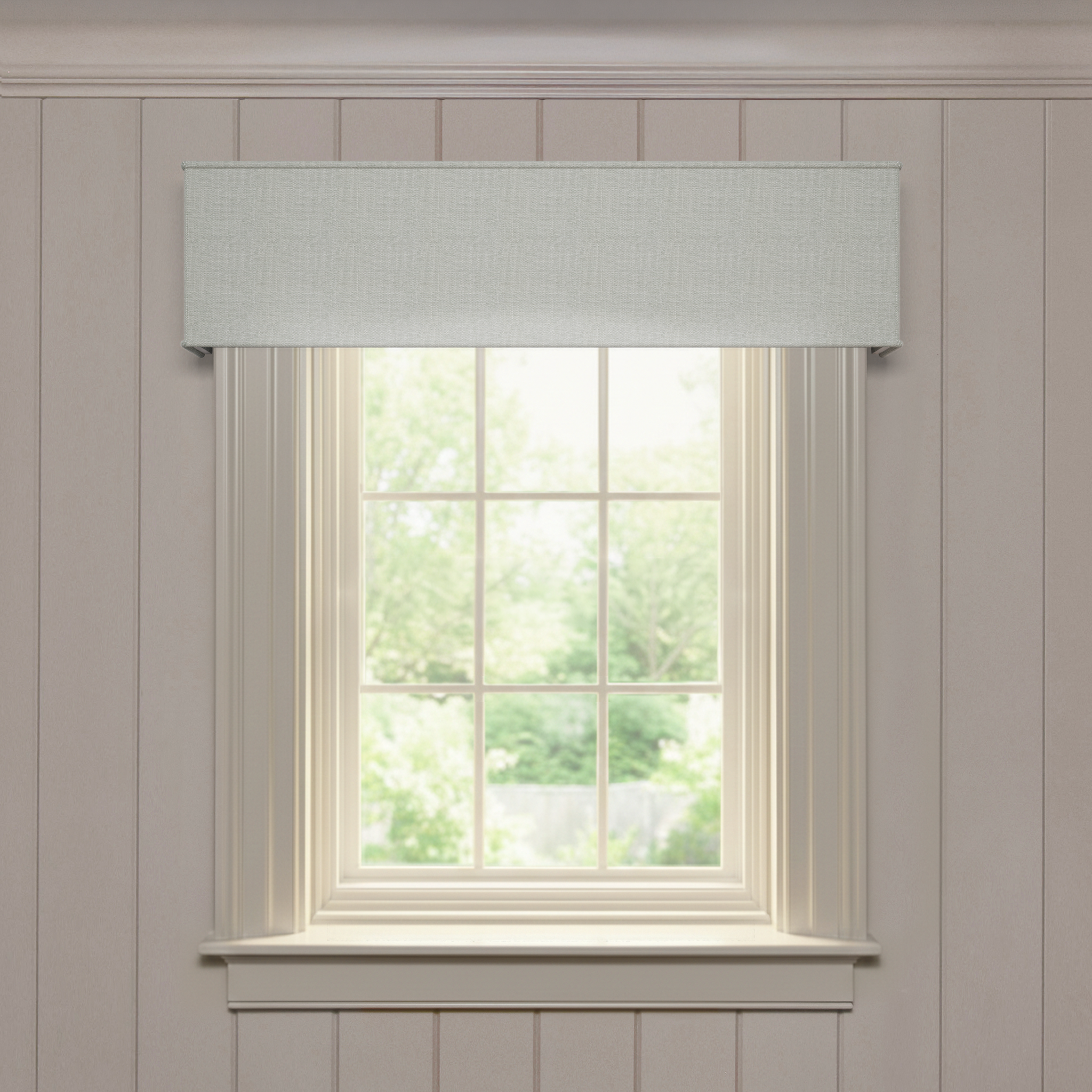 Sea Salt cornice in textured woven fabric, custom made-to-order with short lead times, manufactured in the USA quality design