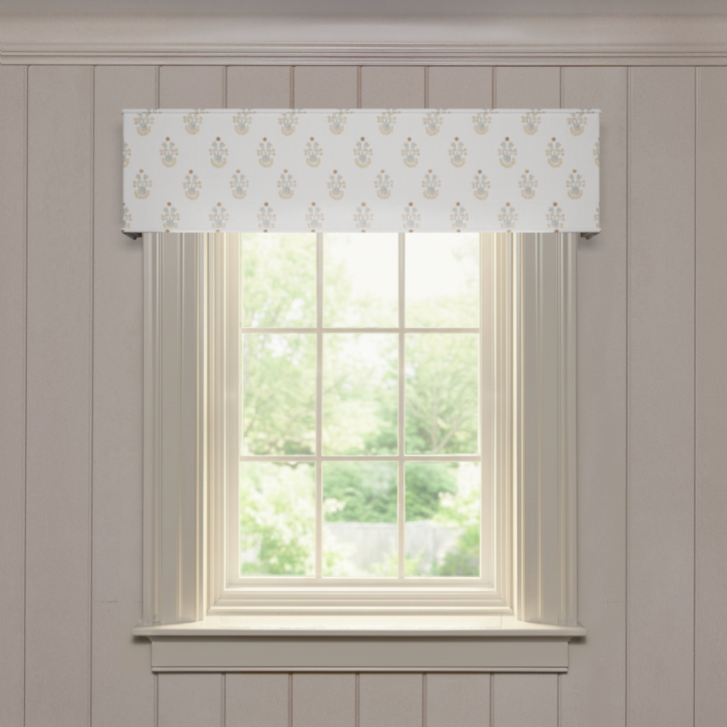 Lucie Chamomile custom cornice in printed cotton fabric, made-to-order with short lead times, manufactured in the USA quality