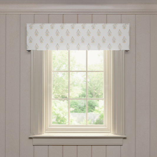 Lucie Chamomile custom cornice in printed cotton fabric, made-to-order with short lead times, manufactured in the USA quality