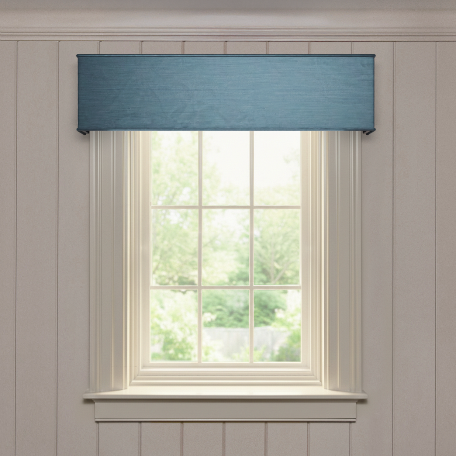 Aegean custom cornice in solid silk blue fabric, made-to-order with short lead times, manufactured in the USA