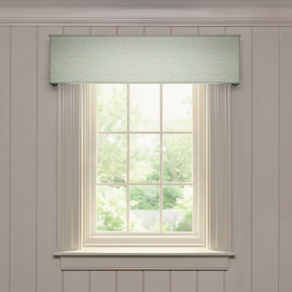 Julep Classic cornice in soft green silk fabric, made-to-order with short lead times, crafted in the USA