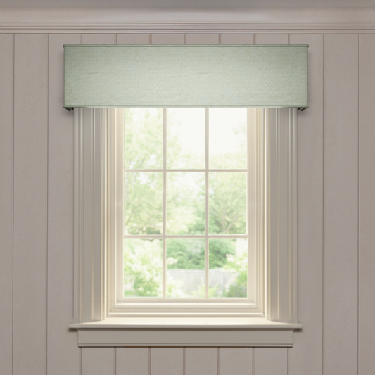 Julep Classic cornice in soft green silk fabric, made-to-order with short lead times, crafted in the USA