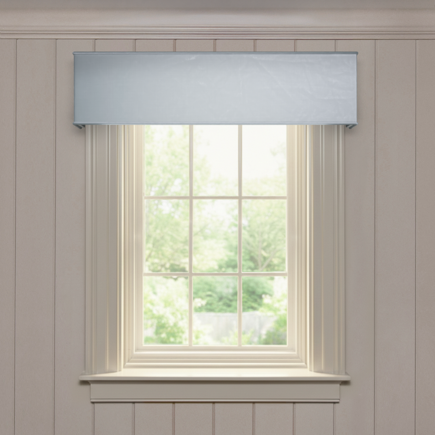 Slate custom cornice in solid silk fabric, made-to-order with short lead times, manufactured in the USA