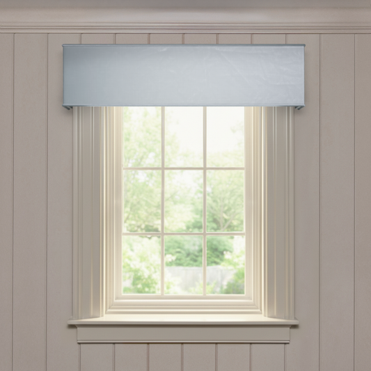 Slate custom cornice in solid silk fabric, made-to-order with short lead times, manufactured in the USA
