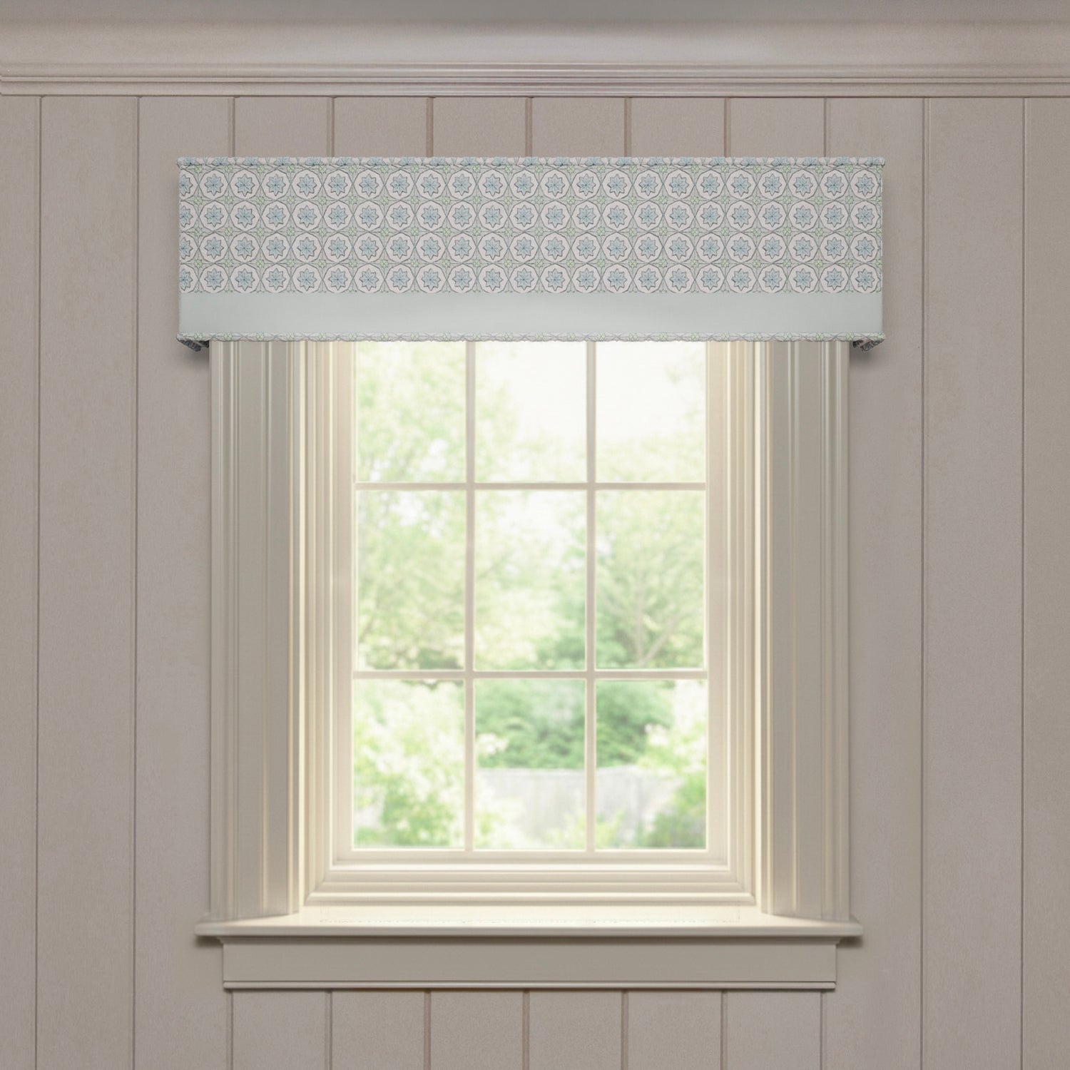 Hayes Sea Salt custom cornice with embroidered geometric pattern and soft seafoam base, providing made-to-order window style