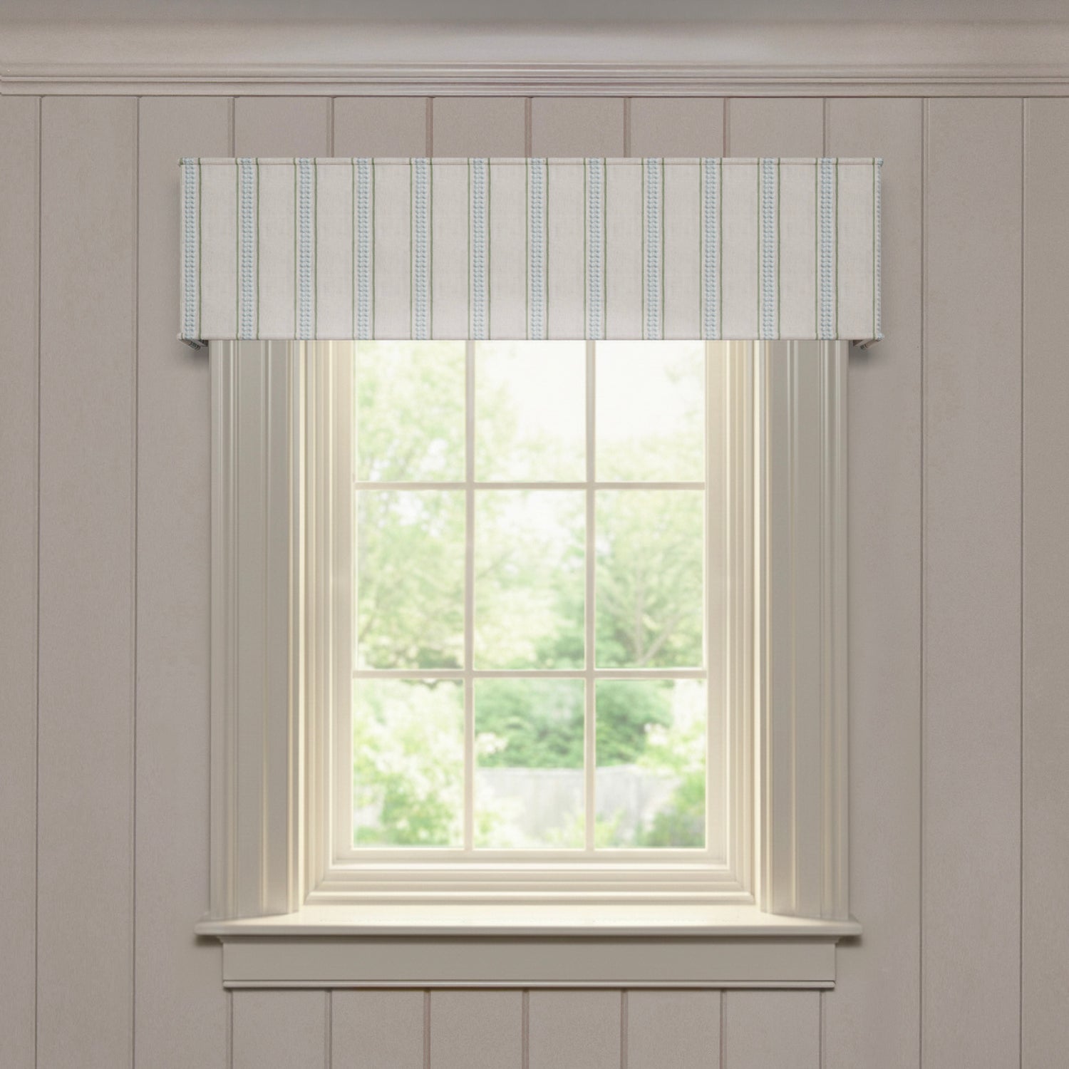 Margot Fern custom cornice with embroidered vertical fern stripes, designed for made-to-order window treatment elegance