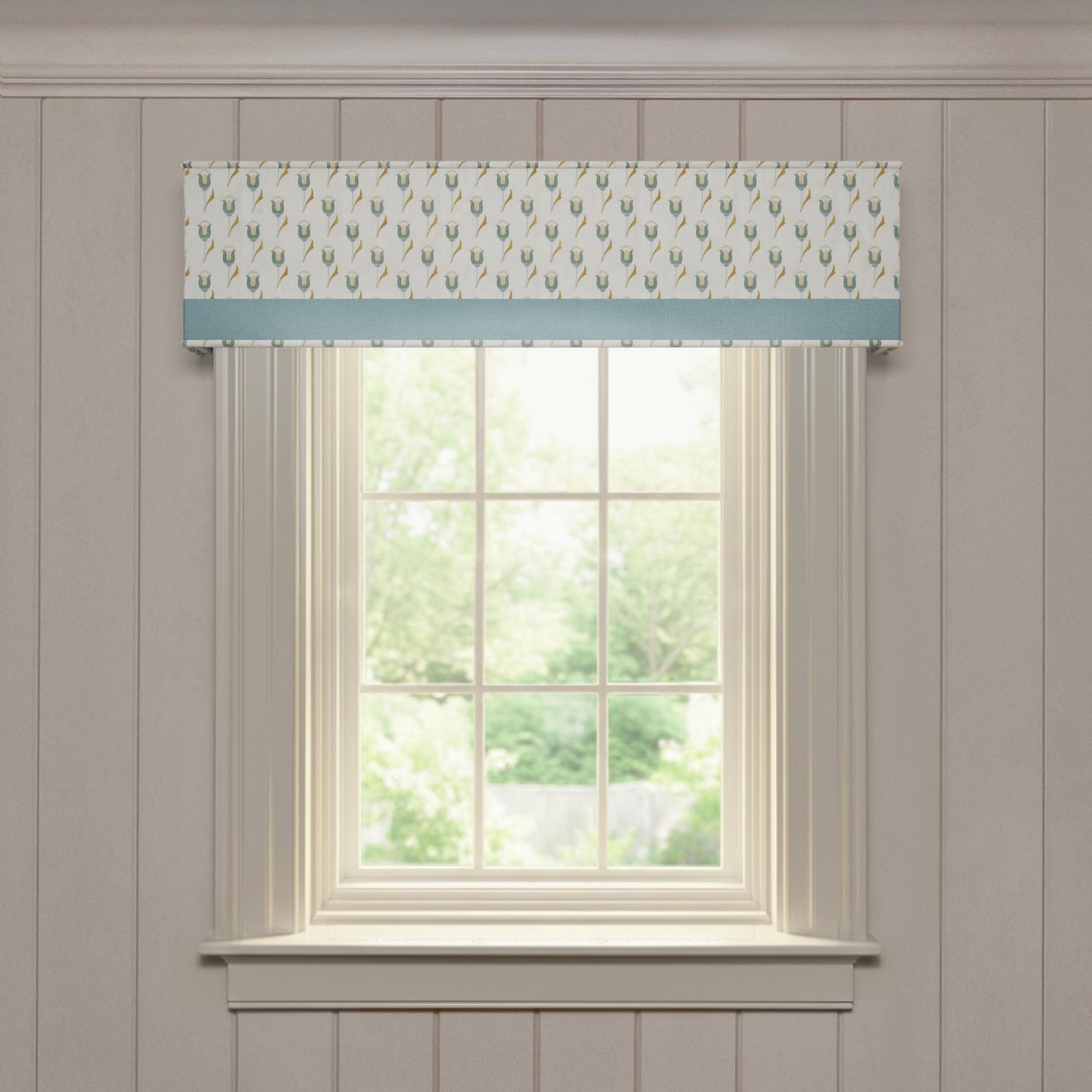 Annabelle Peacock custom cornice with delicate peacock feather print and soft blue trim, made-to-order window treatment