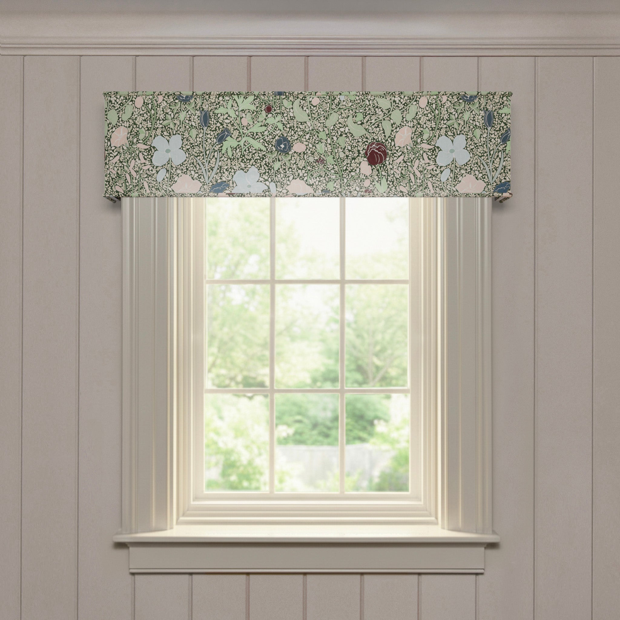 Matilda custom cornice with botanical green and pastel floral print, crafted for made-to-order window decor