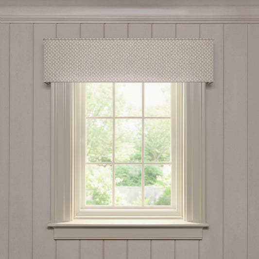 Quinn Mushroom cornice in soft printed cotton with subtle geometric pattern above a bright window in neutral room