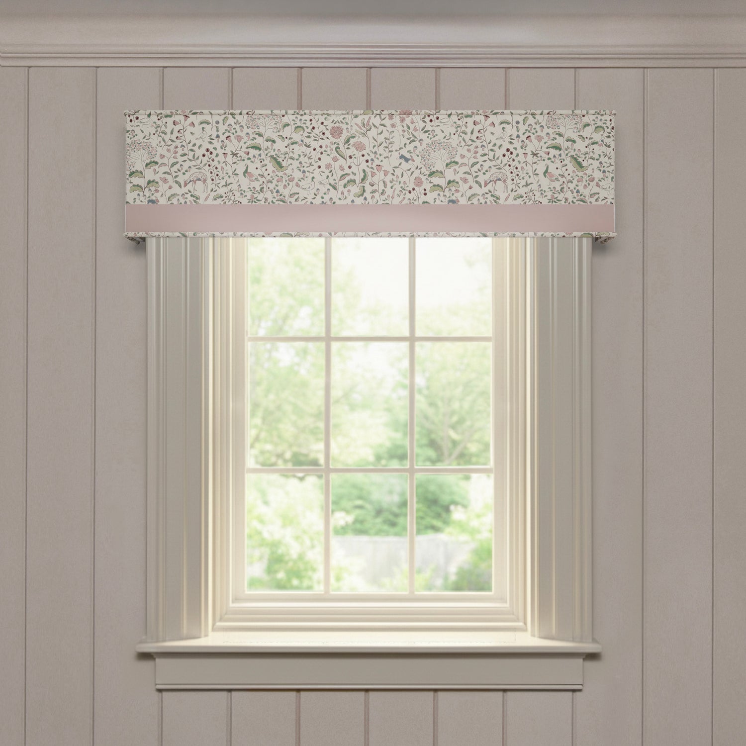 Ruby Burgundy custom cornice with soft floral pattern and muted pink trim, offering made-to-order window treatment charm