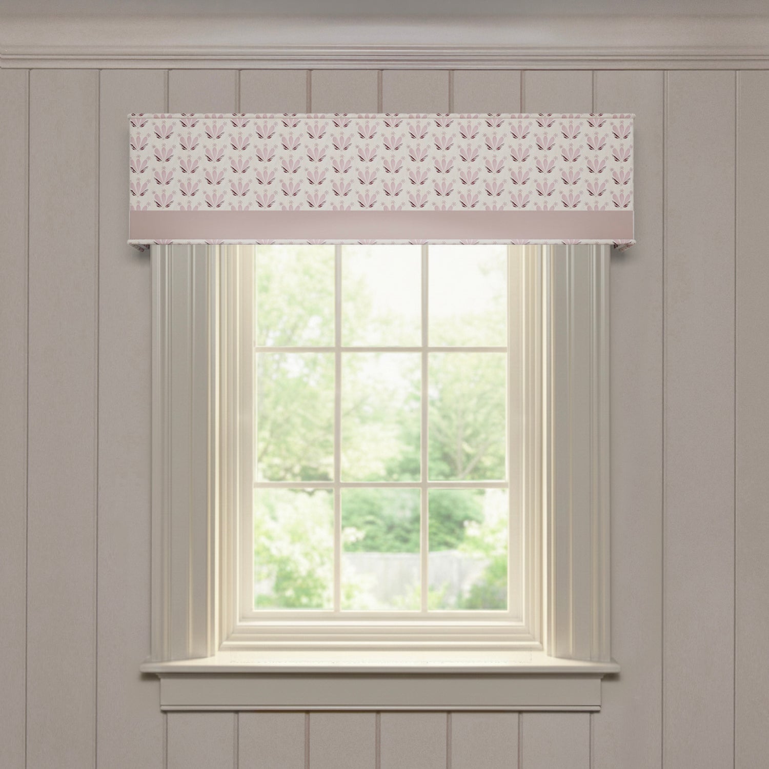 Serena Pink custom cornice with soft floral print and solid pink trim, offering made-to-order window treatment elegance
