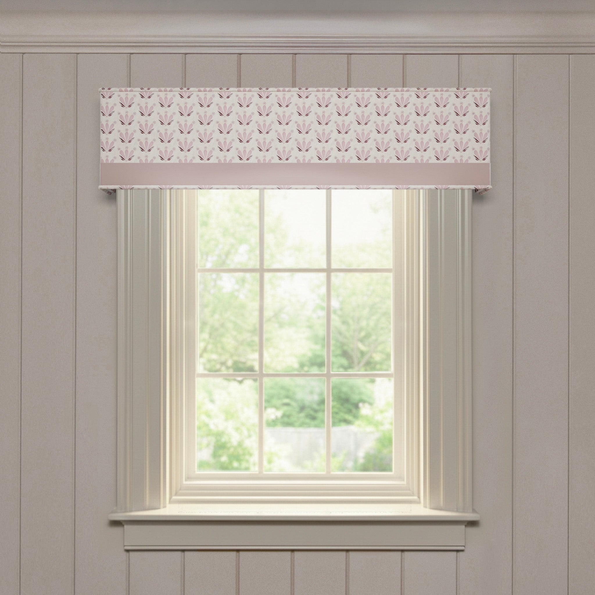 Serena Pink custom cornice with soft floral print and solid pink trim, offering made-to-order window treatment elegance