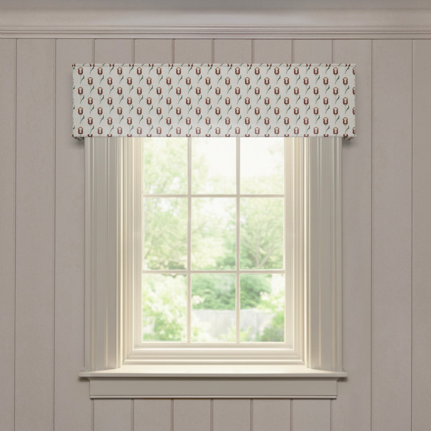 Annabelle Maroon custom cornice with printed linen fabric, offering a tailored made-to-order window accent solution