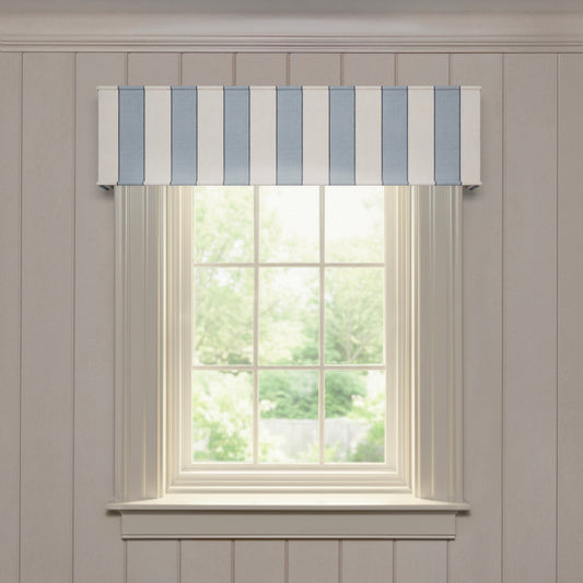Florence Harbor custom cornice with bold blue and white stripes, designed for a stylish made-to-order window treatment solution