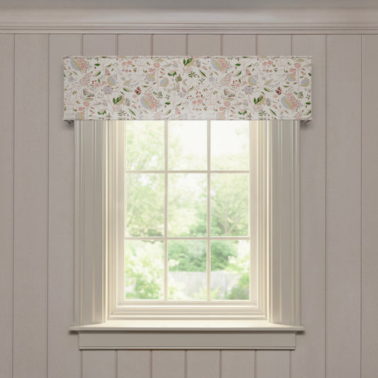 Gemma Rose custom cornice with delicate floral print on linen, crafted for a quality made-to-order window treatment solution