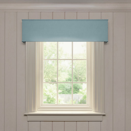 Harbor solid linen cornice in soft blue with a clean, tailored design, offering custom, made-to-order window elegance