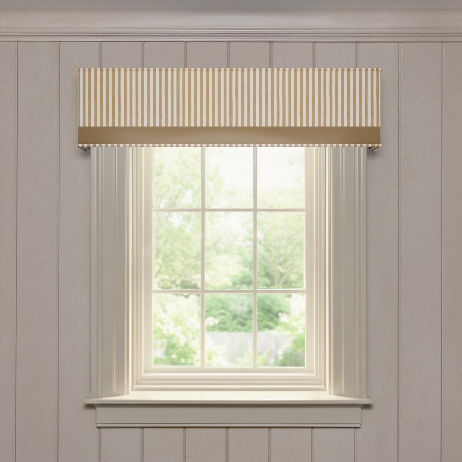 Louisa Camel custom woven cornice with vertical stripes and solid trim, made-to-order quality window treatment