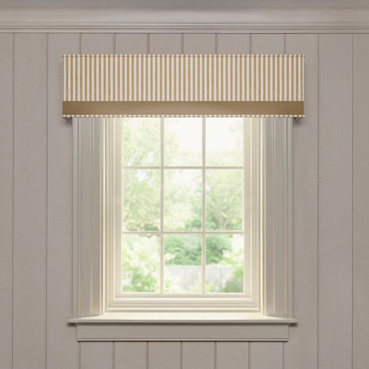 Louisa Camel custom woven cornice with vertical stripes and solid trim, made-to-order quality window treatment