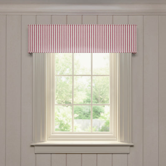 Louisa Cranberry custom woven cornice with narrow red and white vertical stripes, made-to-order quality window treatment