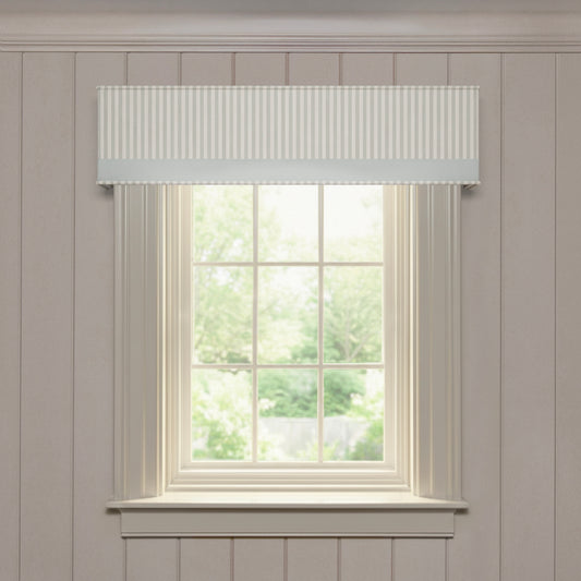 Louisa Sage custom woven cornice with vertical sage stripes and solid trim, made-to-order quality window treatment