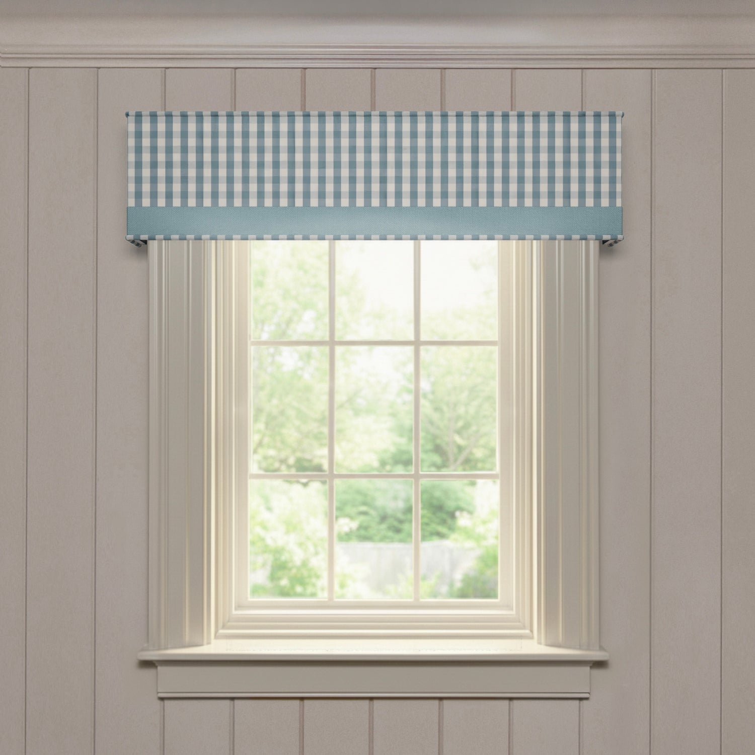 Millie Harbor custom woven cornice in a blue and white gingham pattern with solid trim, made-to-order quality design