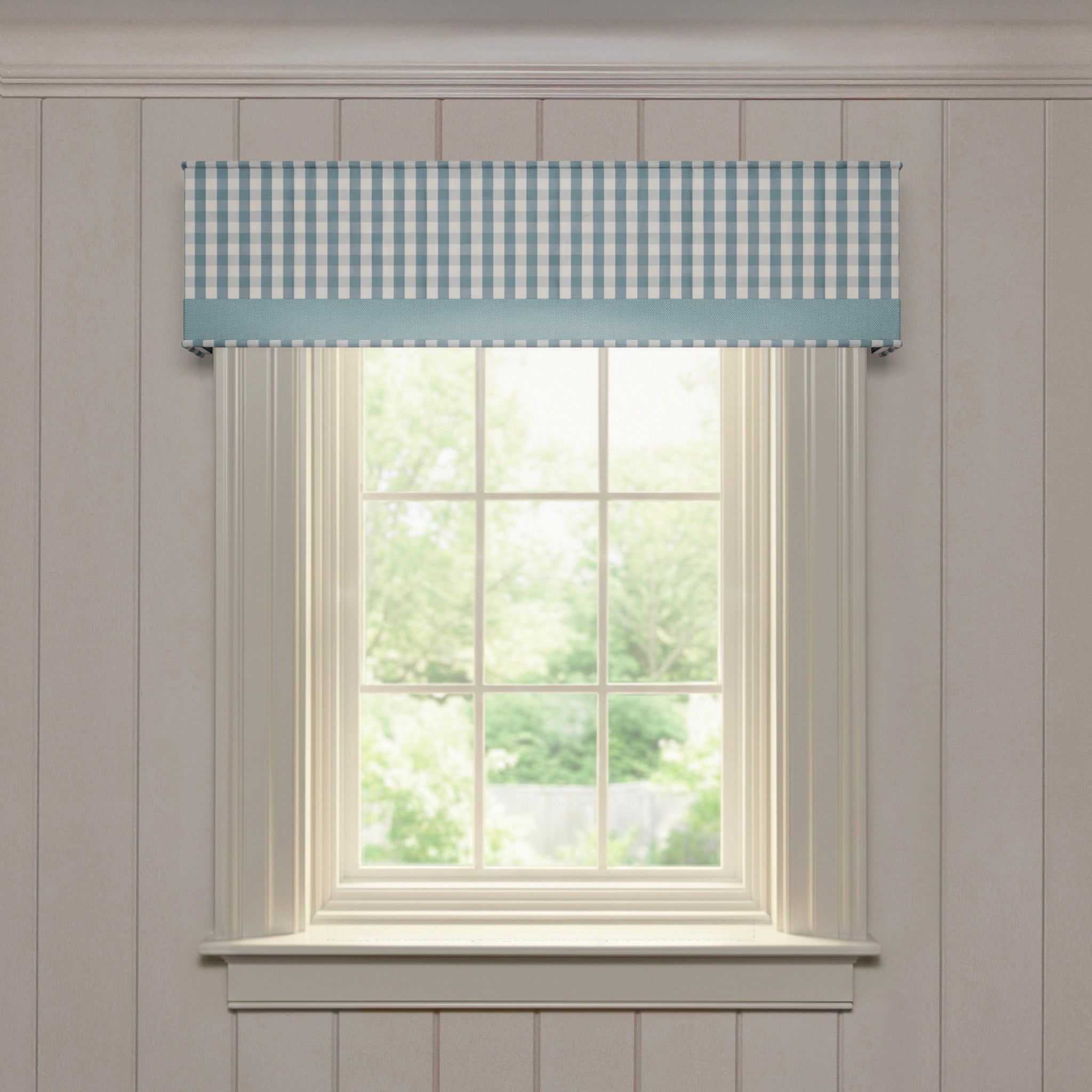 Millie Harbor custom woven cornice in a blue and white gingham pattern with solid trim, made-to-order quality design