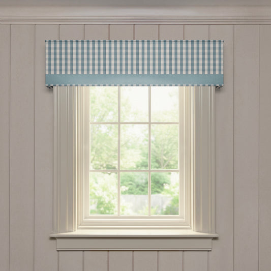 Millie Harbor custom woven cornice in a blue and white gingham pattern with solid trim, made-to-order quality design