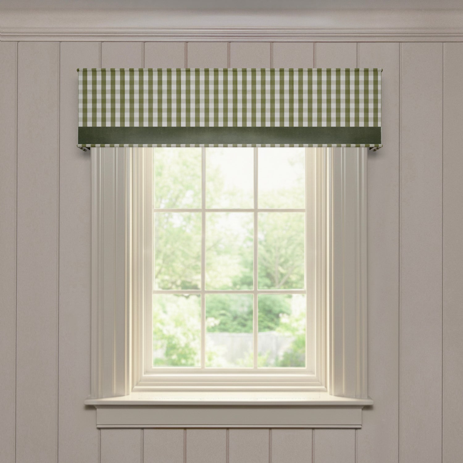 Millie Moss custom woven cornice with green gingham pattern and solid trim, made-to-order quality window treatment