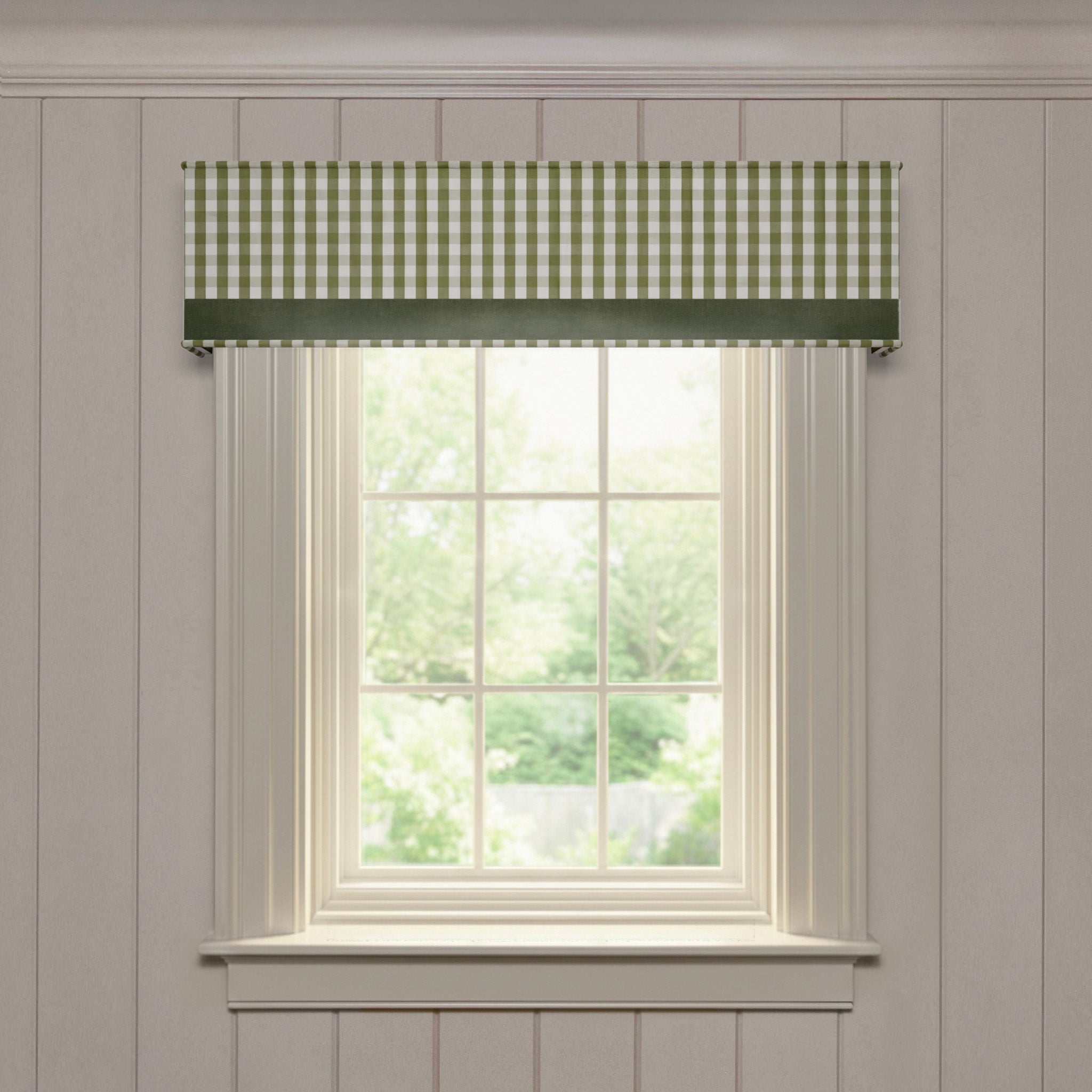 Millie Moss custom woven cornice with green gingham pattern and solid trim, made-to-order quality window treatment