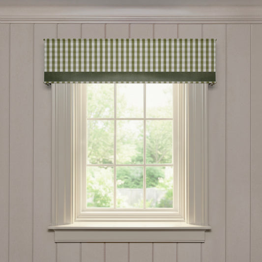 Millie Moss custom woven cornice with green gingham pattern and solid trim, made-to-order quality window treatment