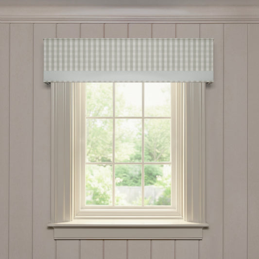 Millie Sage valance in woven sage gingham fabric with a clean white trim, offering a custom, made-to-order window treatment option.