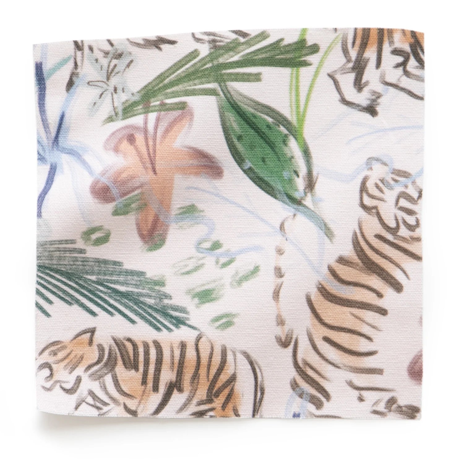 close up of pink chinoiserie tiger print fabric swatch  