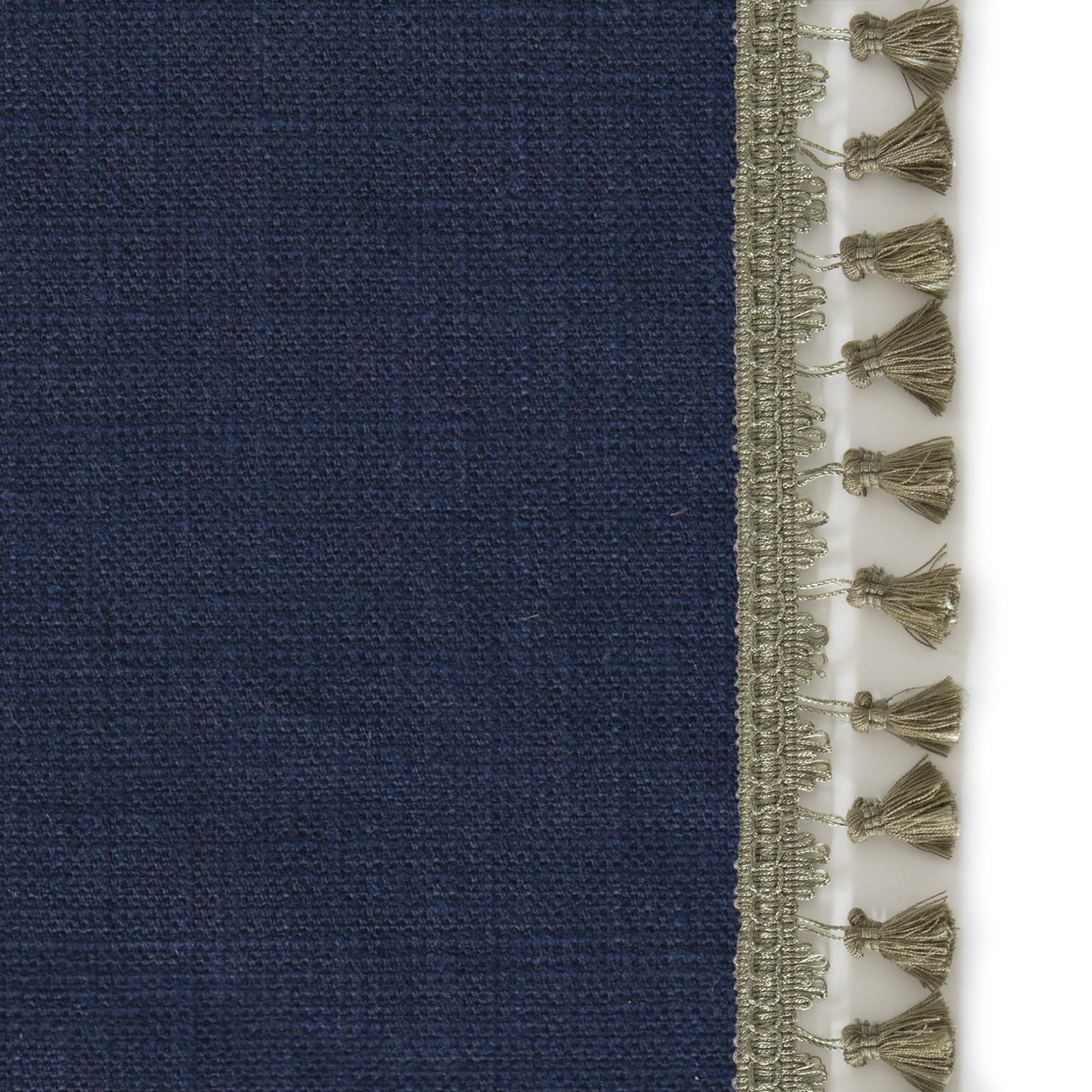 Upclose picture of Midnight custom Navy Bluecurtain with sage tassel trim