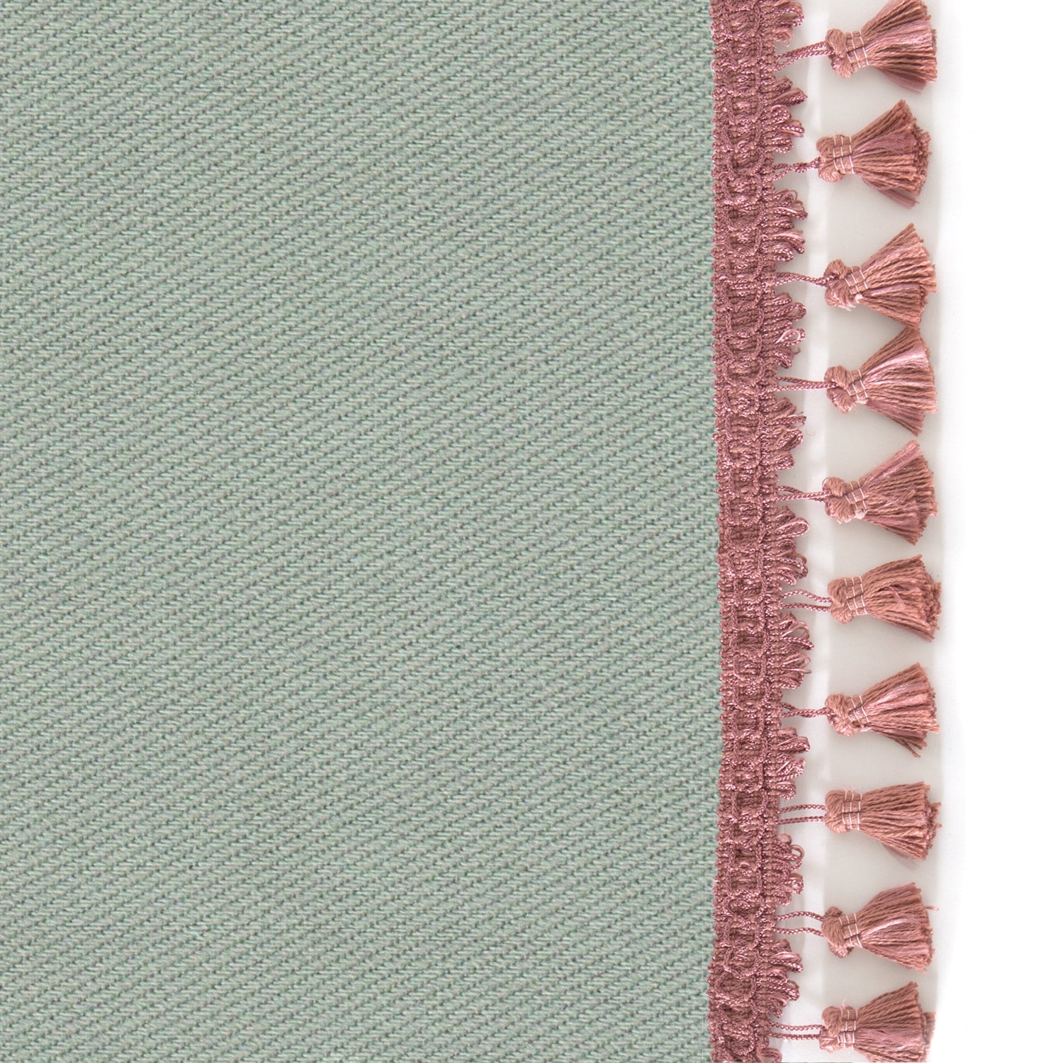 Upclose picture of Sage custom Sage Greenshower curtain with rose tassel trim