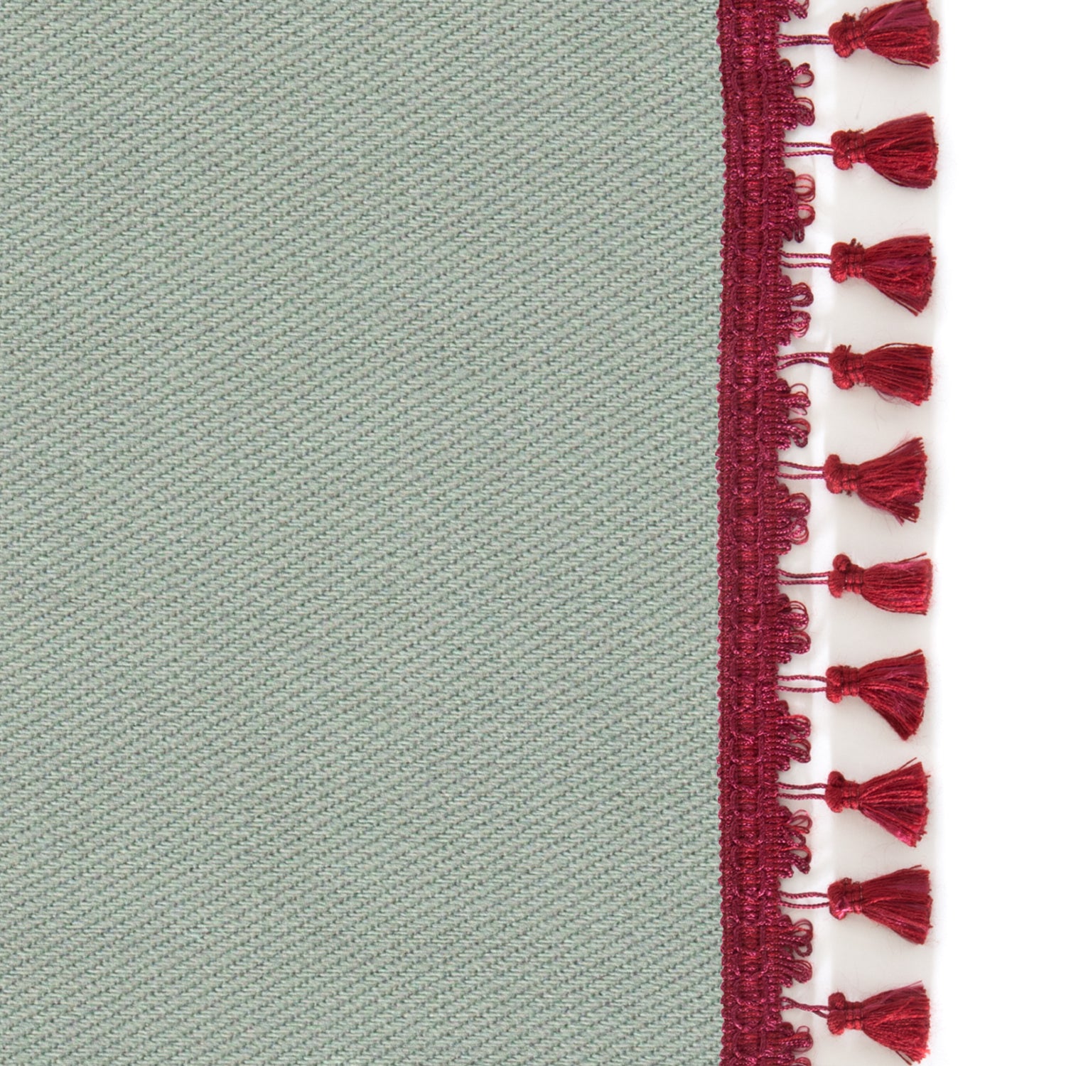 Upclose picture of Sage custom Sage Greenshower curtain with raspberry tassel trim