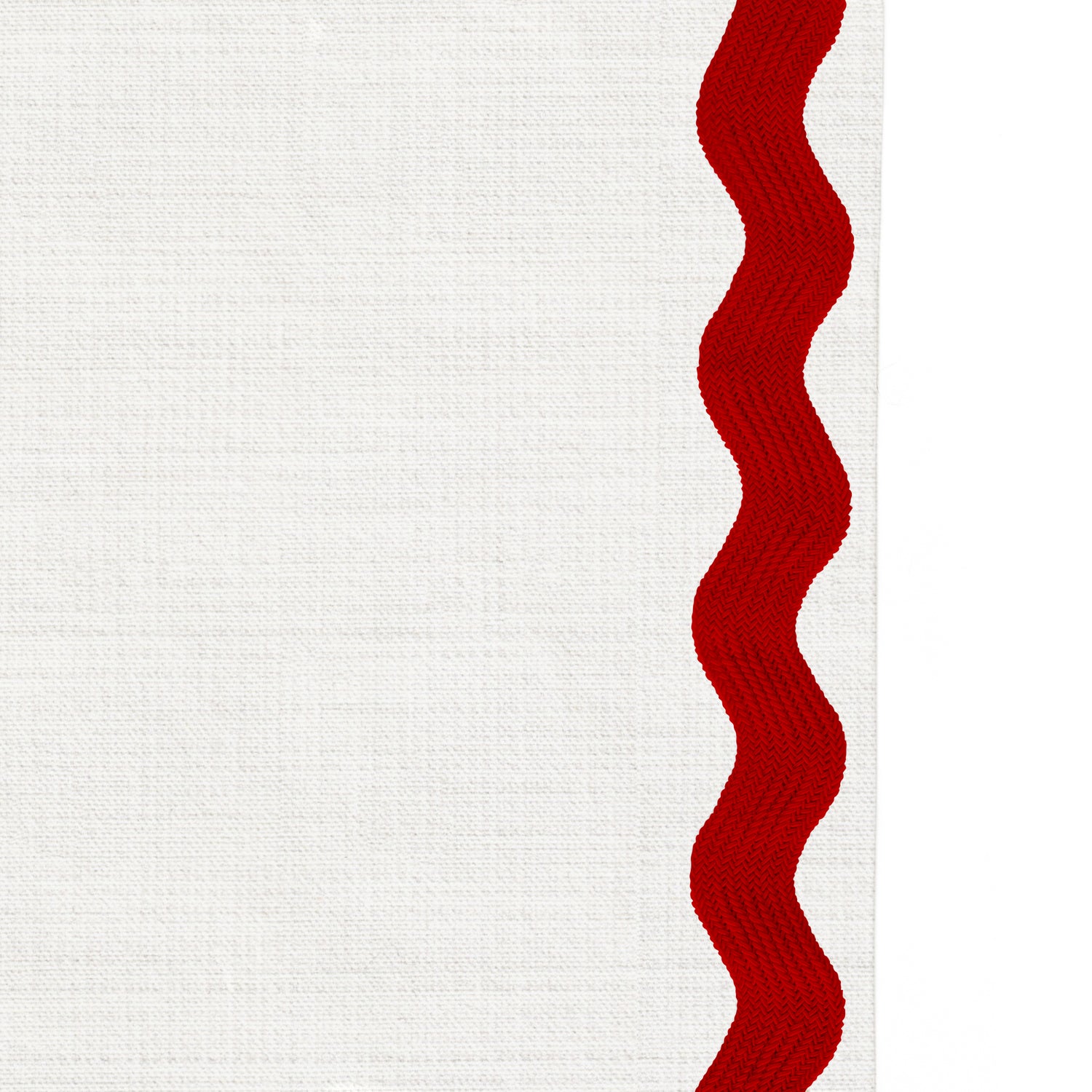 Upclose picture of Snow custom Whiteshower curtain with cherry rick rack trim