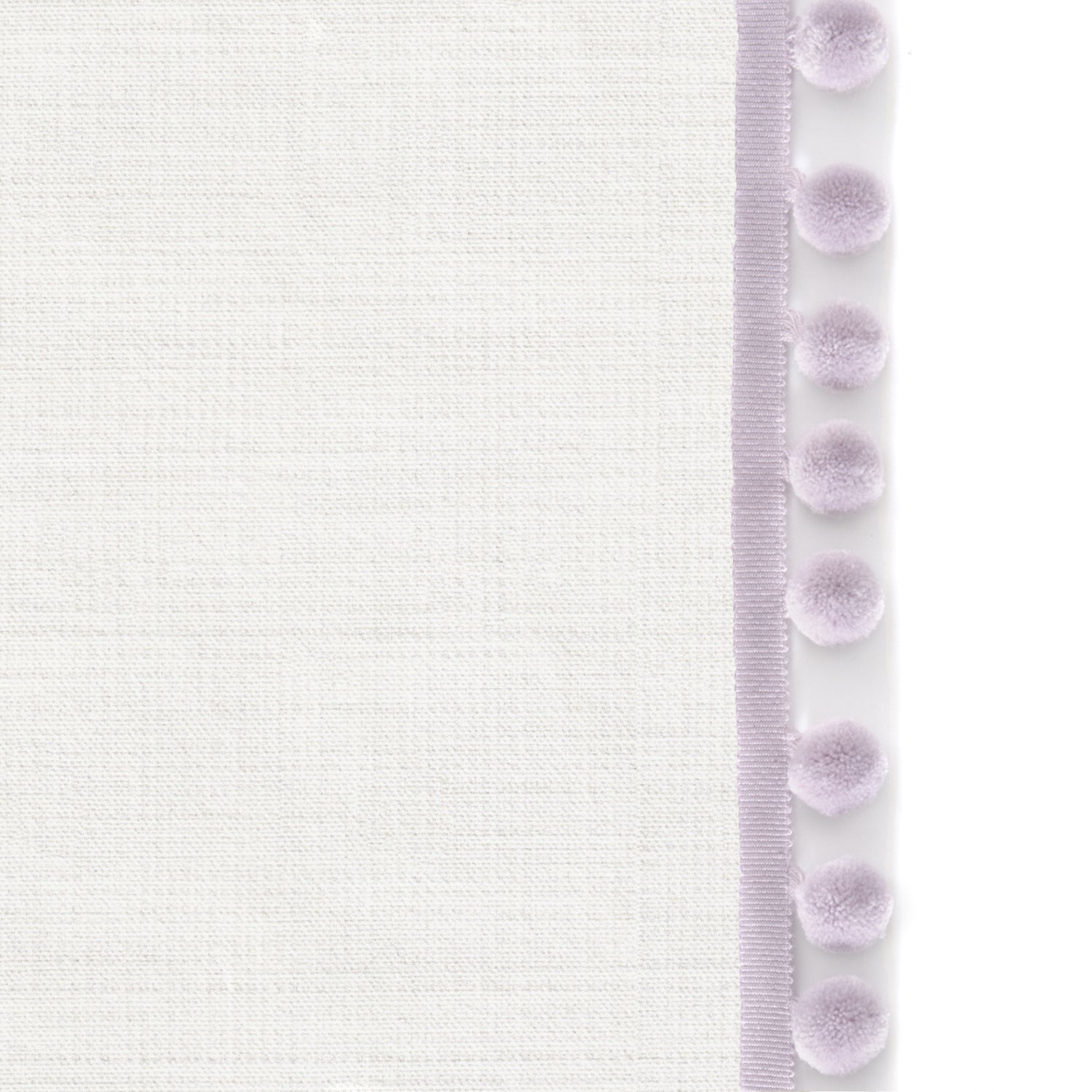 Upclose picture of Snow custom Whiteshower curtain with lilac pom pom trim