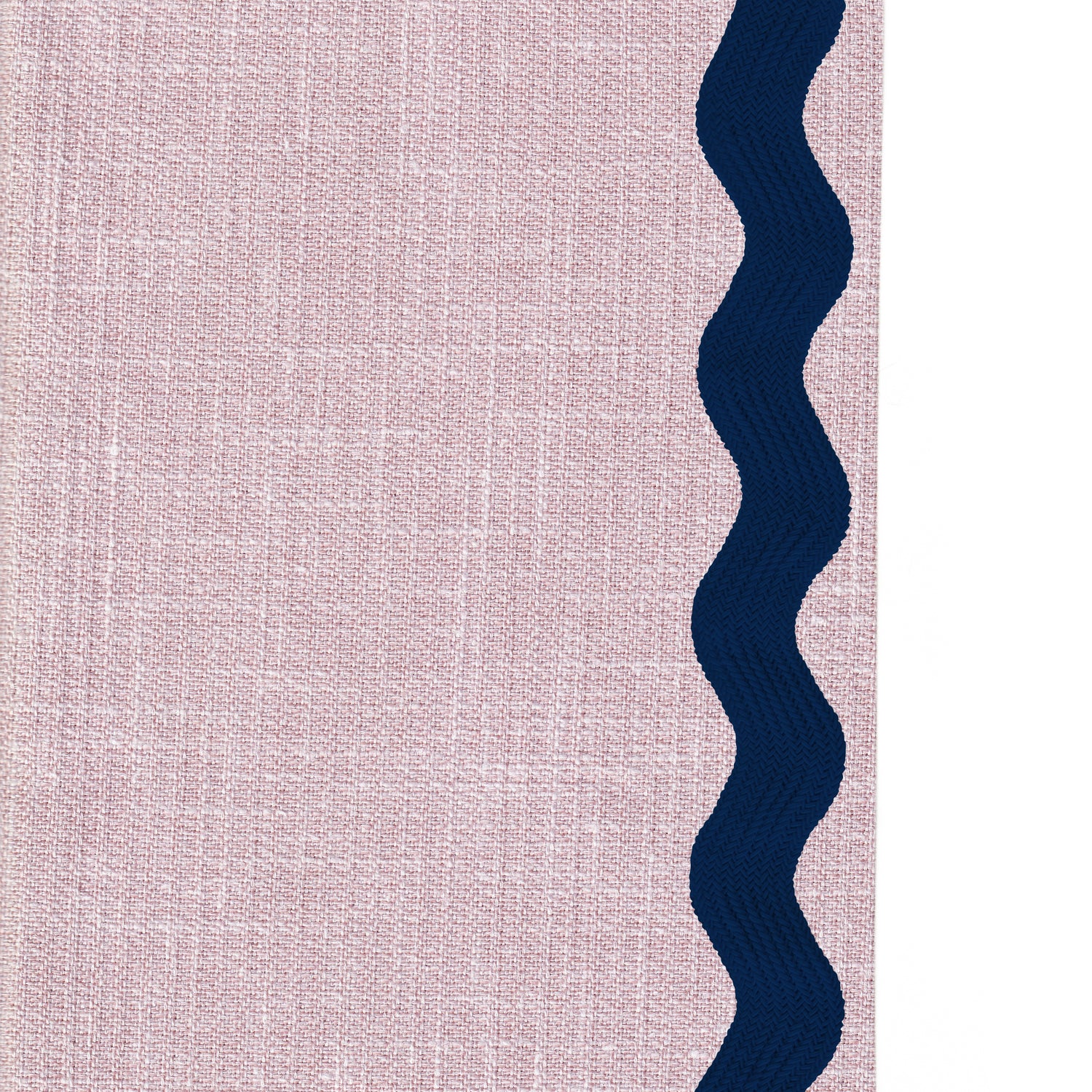 pink curtain with navy blue wavy trim