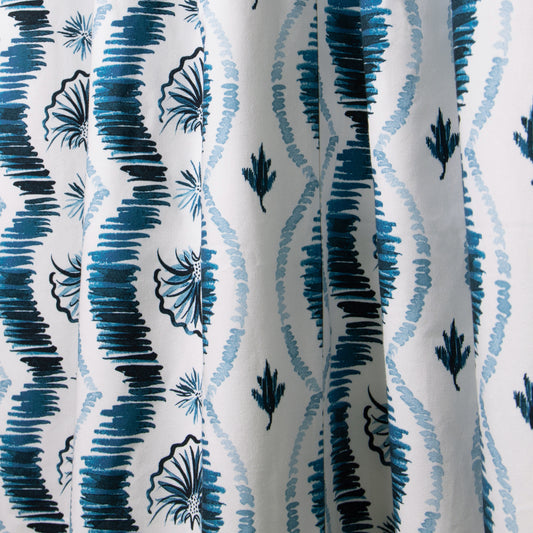 close up of Blue Ikat curtain 