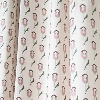 abstract pink and green floral pattern shower curtain close up 