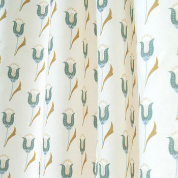 close up of abstract floral blue curtains