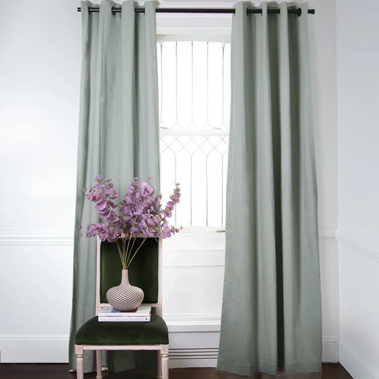 Sage Curtain - Ring Top, 50"W x90"L, Blackout Lining, Eden Pink Band Trim on the right side