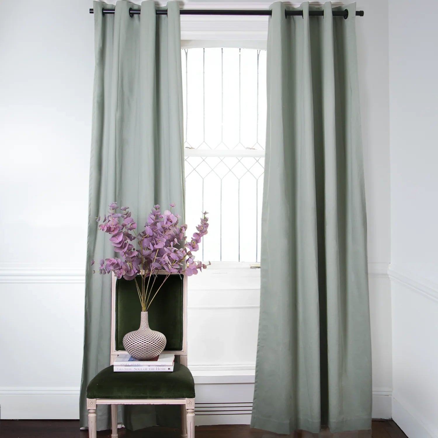 Sage Curtain - Ring Top, 50"W x89"L, Privacy Lining, Cream Tassel Trim on the right side