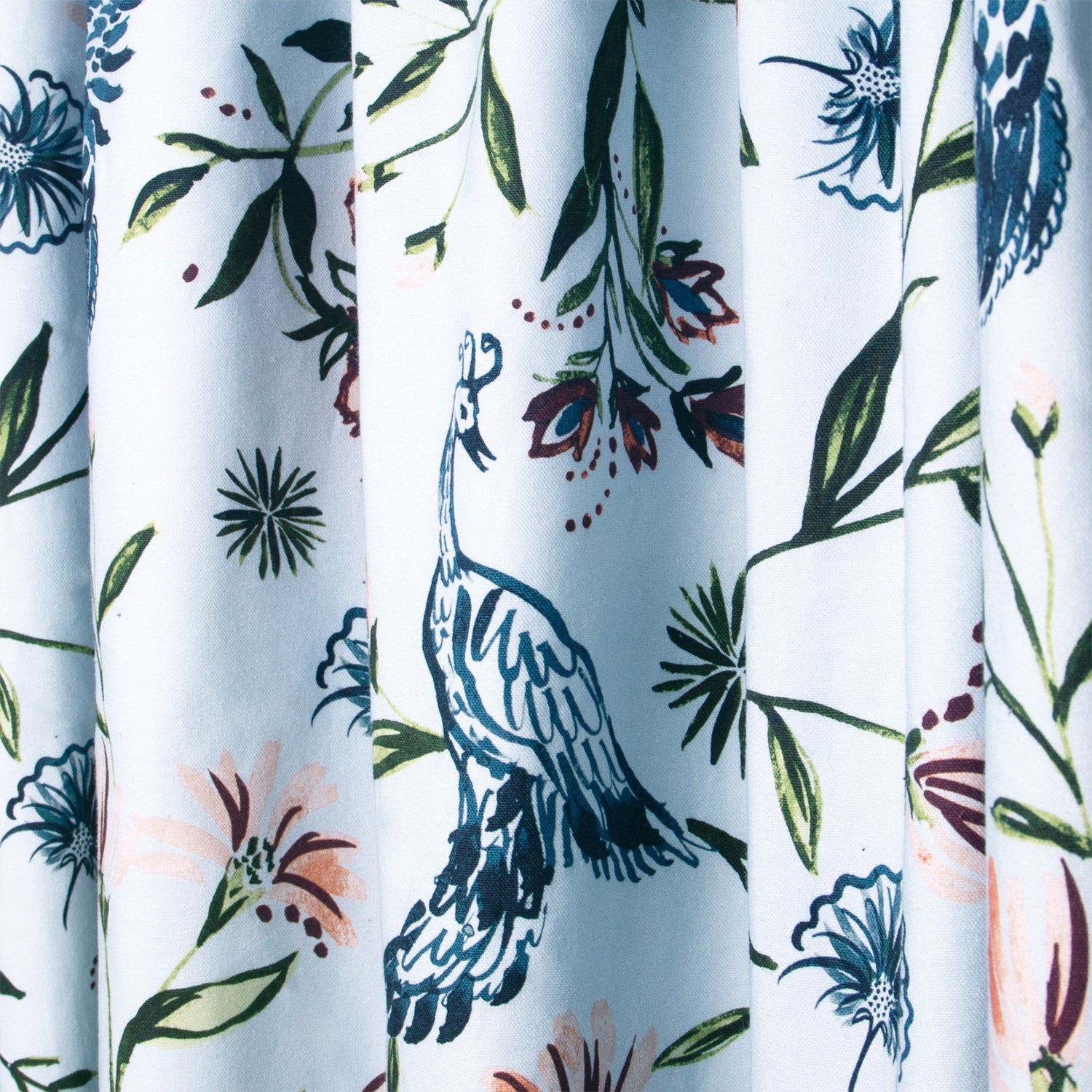 close up of Blue Chinoiserie Printed Cotton curtain 