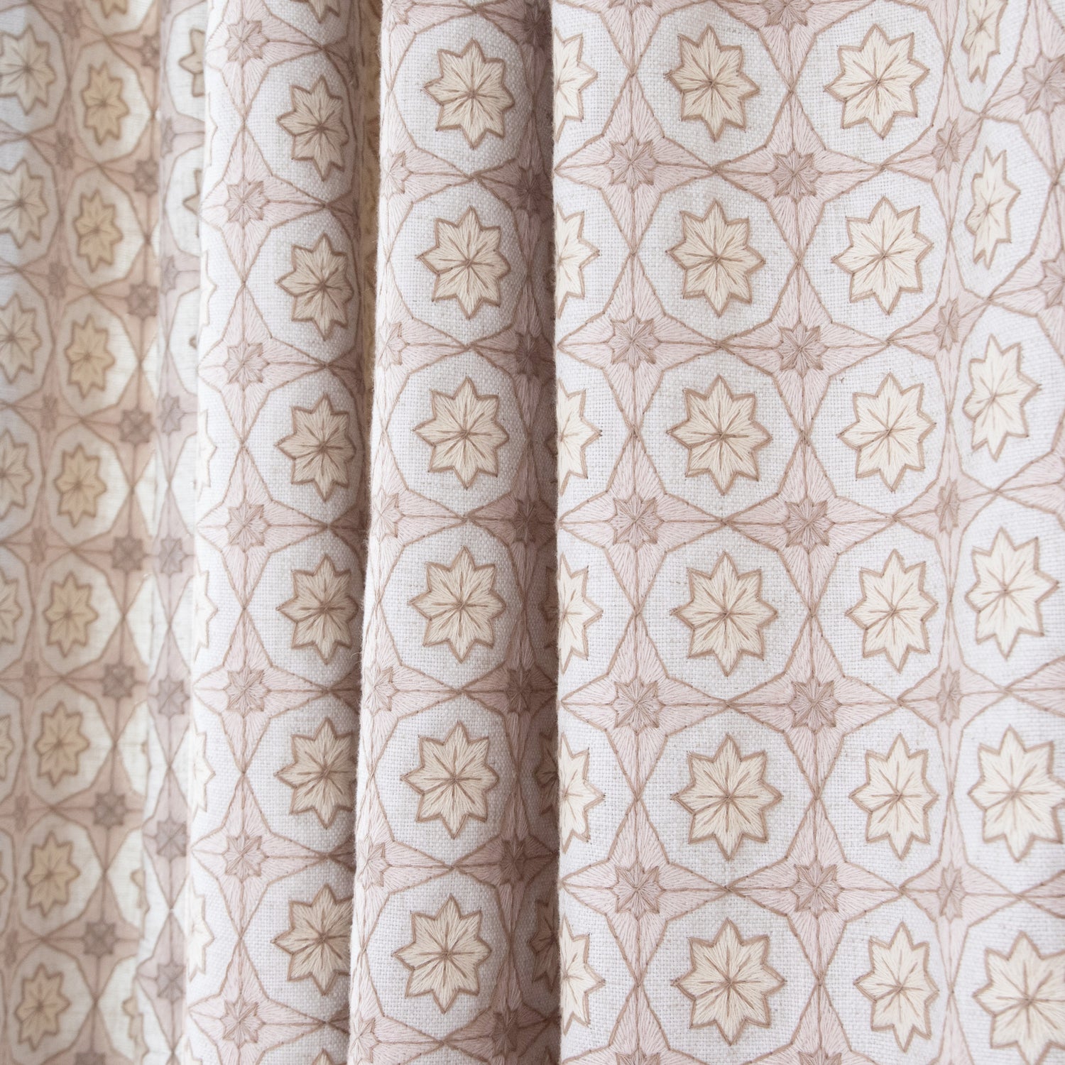 Hayes Almond embroidered fabric in soft almond tones, made-to-order with short lead times, manufactured in the USA